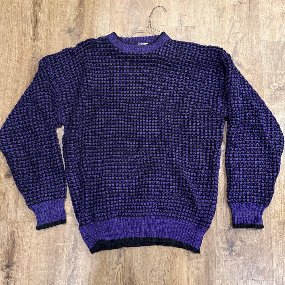VINTAGE Class Act Sweater Mens XL Purple Black Acrylic Waffle Knit Crew Neck